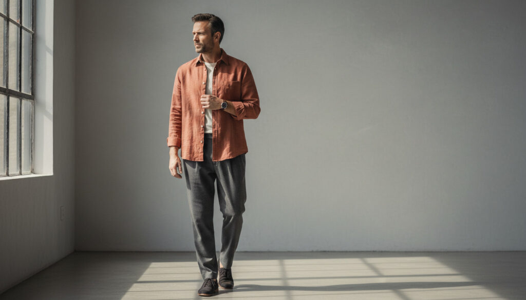 Moda sustentável masculina: homem estiloso com camisa laranja, camiseta branca e calça cinza, apresentando um look consciente para o guarda-roupa moderno.