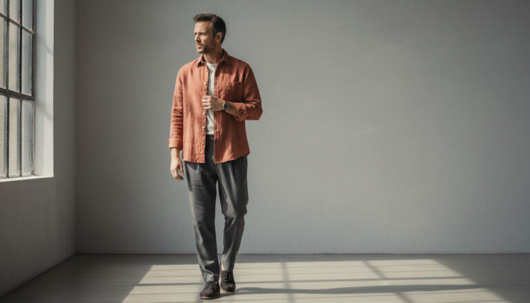 Moda sustentável masculina: homem estiloso com camisa laranja, camiseta branca e calça cinza, apresentando um look consciente para o guarda-roupa moderno.